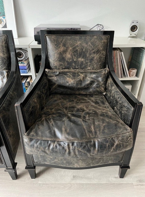 Lot de 2 Fauteuils Vintage en Cuir - Style Art Déco – Wood, Leather (photo 5 of 10)