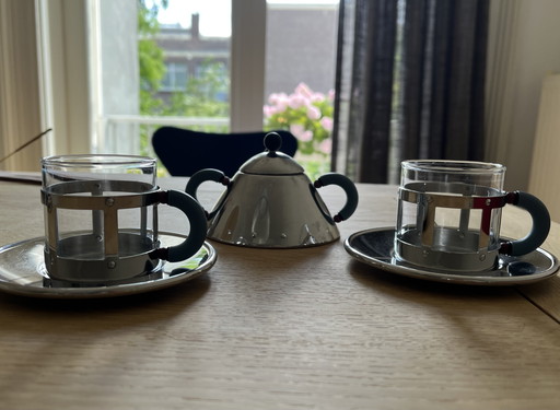 Alessi 2 espresso cups + saucer + sugar bowl and spoon