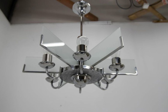 Image 1 of Six-Arm Art Deco Chandelier in Chrome and Sandblasted Glass, 1940s