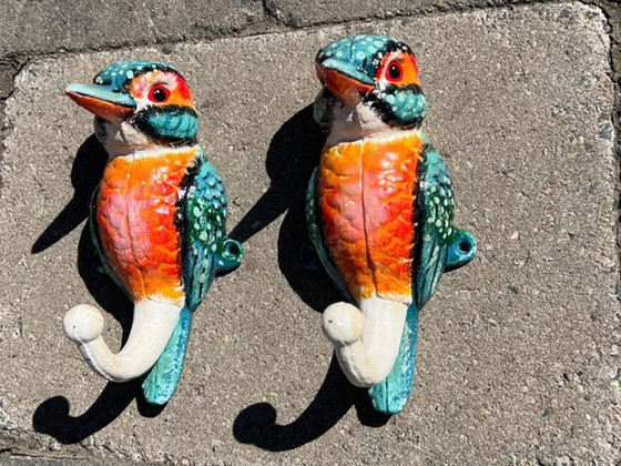 Image 1 of Set of 2 cast iron kingfisher bird sculptures that also serve as sturdy wall hooks - Free Shipping