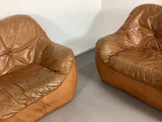 Image 1 of Ensemble de sièges vintage en cuir cognac des années 70, italien et français