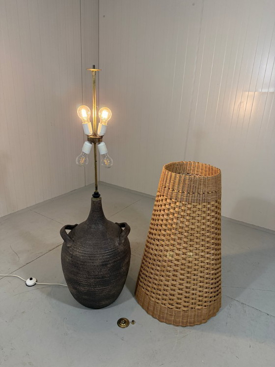 Image 1 of Large pottery floor lamp with rattan shade 1960's