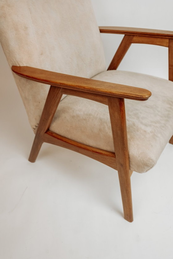 Image 1 of Fauteuil vintage en teck, années 1960 - Revêtement beige