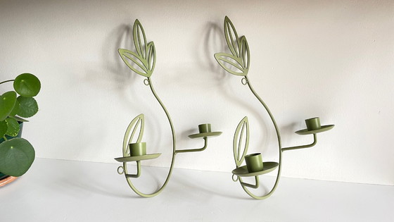 Image 1 of Wandkerzenhalter, Metallblätter, Salbeigrün