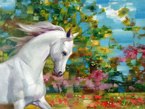 Pittura a Olio Originale Espressionismo Cavallo nel Prato Vento nella Criniera – Dipinti e disegni, Canvas (photo 3 of 7)