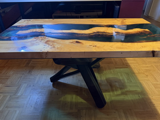 Image 1 of One-of-a-Kind River Table with Deep Emerald Green Resin
