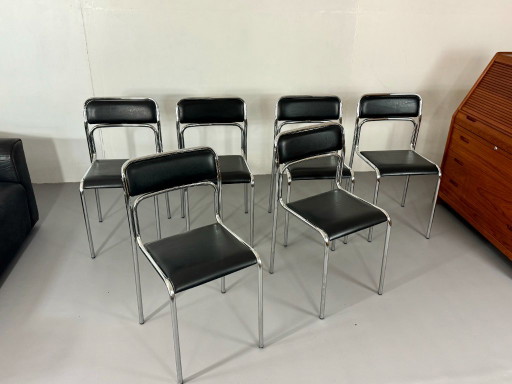 6x Sillas Bauhaus Vintage – Cromo Cuero Negro – Cantilever Mid Century Space Age Años 70
