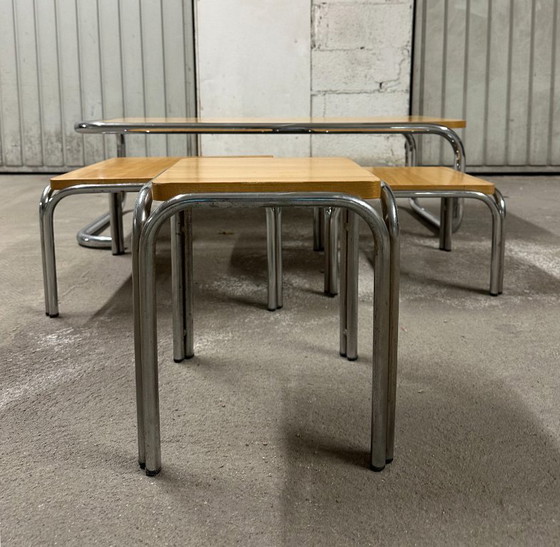 Image 1 of Set of 4 nesting coffee tables from the 70s in metal and solid oak