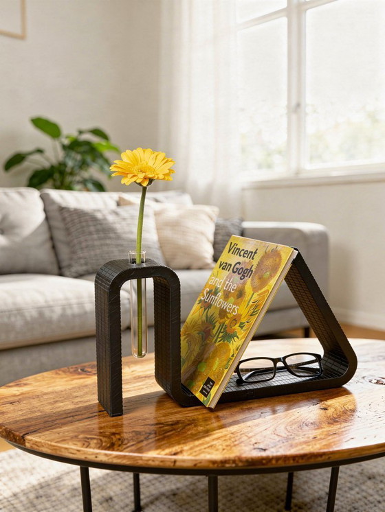 Image 1 of 3D Printed Book Stand with Glasses Holder & Test Tube Vase – Black PLA Decorative Display