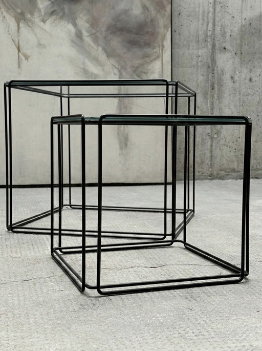 MAX SAUZE “ISOCELE” TAVOLINI SET DI 2 METALLO VETRO NERO FRANCIA ANNI '70