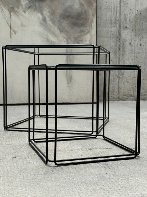 Image 1 of MAX SAUZE “ISOCELE” TAVOLINI SET DI 2 METALLO VETRO NERO FRANCIA ANNI '70