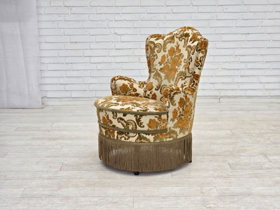 Années 1970, paire de 2 petits fauteuils danois, tissu d'ameublement marron/beige. – Textile (photo 12 of 15)