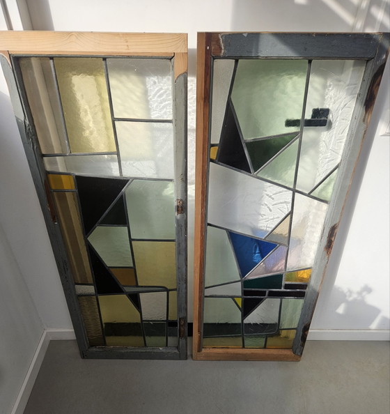 Set of antique Art Deco stained glass windows 50x130 cm., Decorative Objects, Metal, Wood, Multi Color (photo 9 of 14)