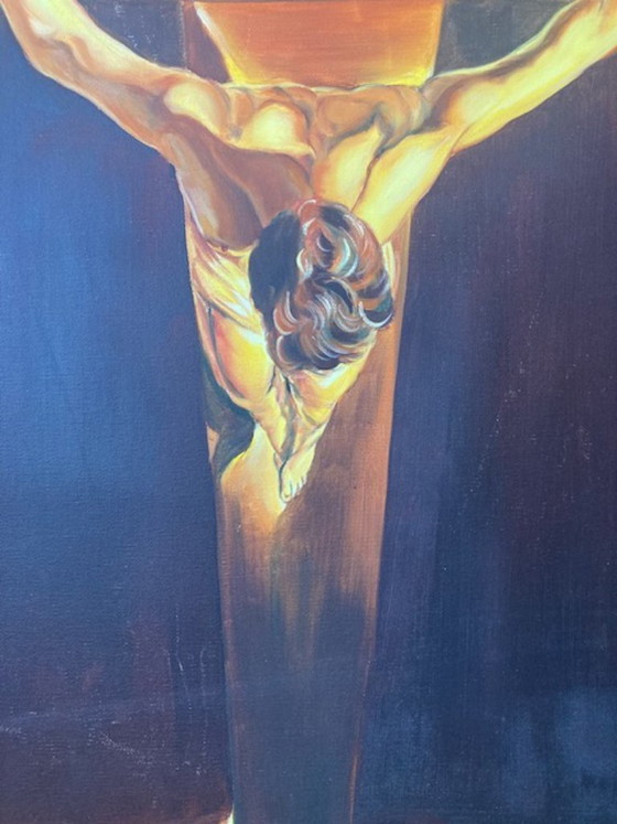 Image 1 of Framed oil paint reproduction of of the iconic painting 'Christ of Saint John of the Cross' by surrealist artist Salvador Dalí.