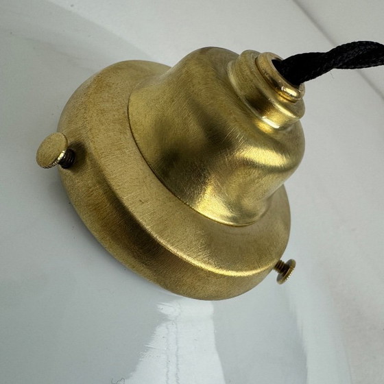 VINTAGE CONICAL OPALINE PENDANT LAMP, Metal, Brass, White (photo 5 of 8)
