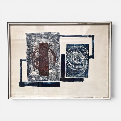 Abstrakter Druck in Burgunderrot und Blau, Mid-Century Modern, signiert