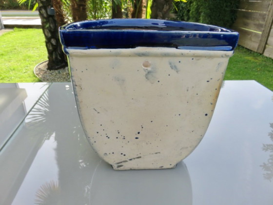Image 1 of Wall-mounted flower pot, grape motif, in blue glazed ceramic, 1970s