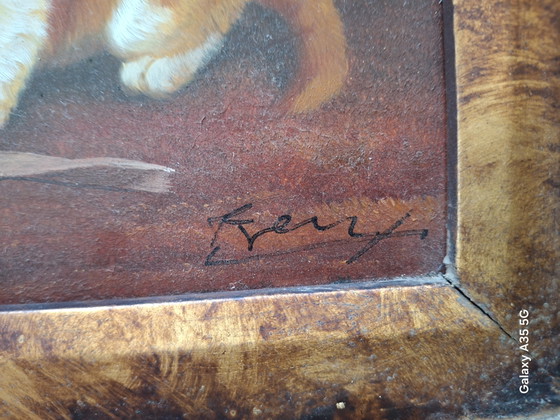 Image 1 of Antiek olieverfschilderij "Drie kittens in een mandje", olieverf op hout, gesigneerd Frey, sierlijke lijst.