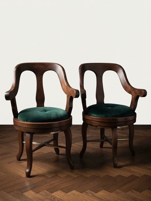 Hungarian Art Deco Swivel Barber Armchairs in Green Velvet with Wooden Frames, 1920s, Set of 2