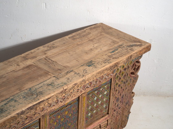 Antique Chinese carved fir low sideboard with ornate panels – Gansu, circa 1930 (photo 14 of 40)