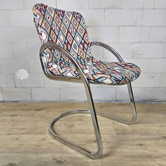 Image 1 of Vintage Gastone Rinaldi voor Rima chroom & rookglas eettafel + stoelen met kleurrijke bekleding (Itiliaans design)