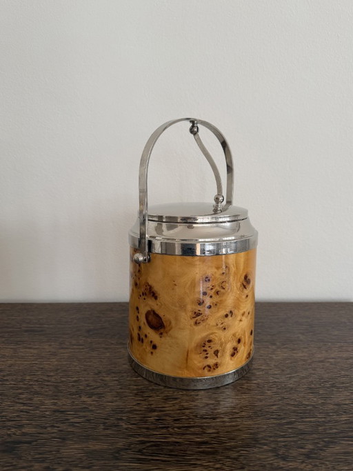 Italiaanse ijsemmer uit de jaren 60 met wortelhout en chroom, automatisch deksel, mid-century modern – tafelaccessoires