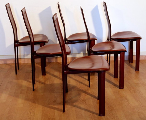 Image 1 of Ensemble de 6 chaises de salle à manger Lara de Giorgio Cattelan pour Cattelan Italia en cuir Bordeaux, Italie