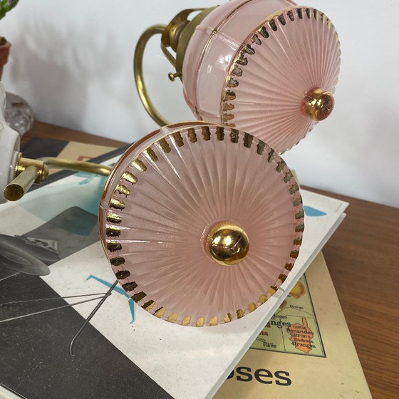 Pair of Antique Brass Swan Neck Wall Sconces, Vintage Pink Glass Globes and Gilding, Porcelain Rosettes (photo 3 of 9)