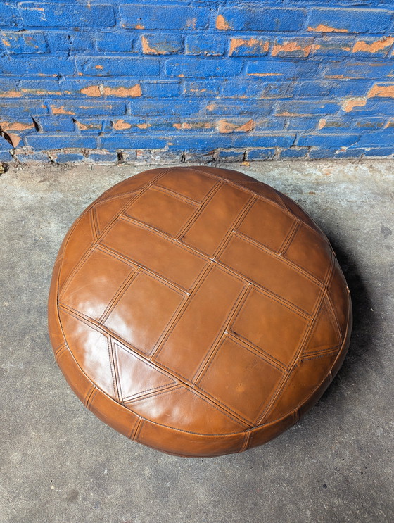 Image 1 of Vintage leather pouf, geometric design, 1970s
