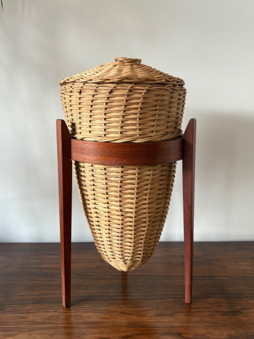 Rare Danish tripod rattan basket by J Kjaersulf 1960s