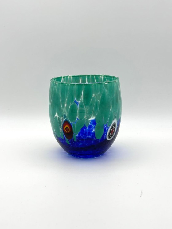 Image 1 of Set van 6 Venetiaanse glazen van geblazen glas met Murano-effect (murrine) in het glas verwerkt, handgemaakt in Italië.