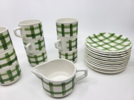 Image 1 of Moulin des Loups Orchies green tablecloth coffee set 1960 Vintage France