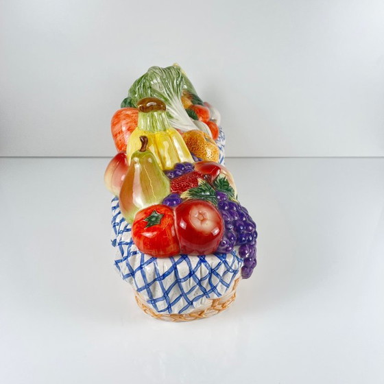 Image 1 of Panier en faïence trois pièces avec couvercles pour fruits et légumes, style majolique italienne, années 1980