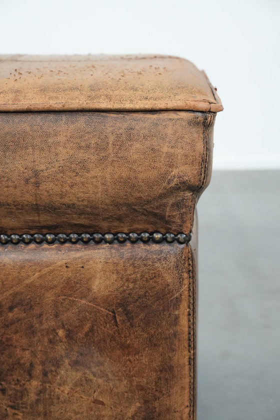 Image 1 of Sturdy square vintage sheepskin pouf/ottoman