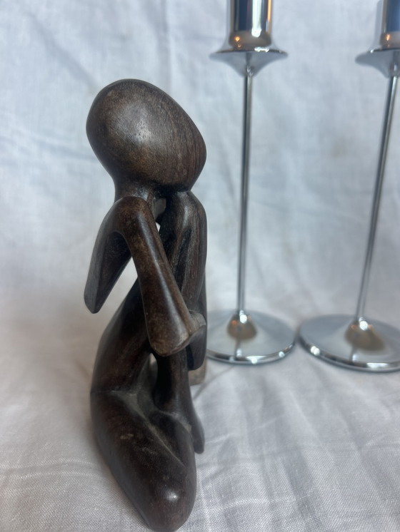 Image 1 of Houten beeld de denker seventies 79 abstract 