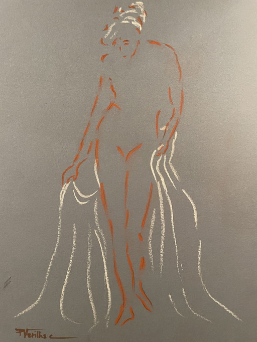 Tableau Signé Sanguine Pastel Blanc Papier Bleu Denim Portrait Femme Bains