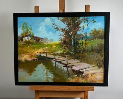 Original Oil Painting Nature River Landscape The Road Leading Home