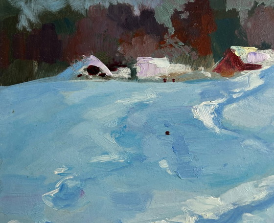 Image 1 of Original Oil Painting Winter Village Landscape Along the snowy paths