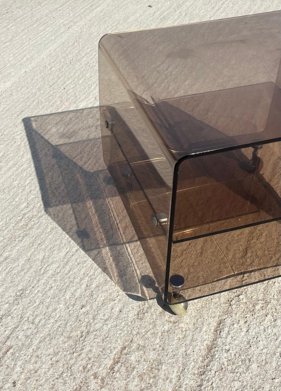 Image 1 of Vintage trolley van gerookt glas op wielen – bijzettafel uit het midden van de 20e eeuw