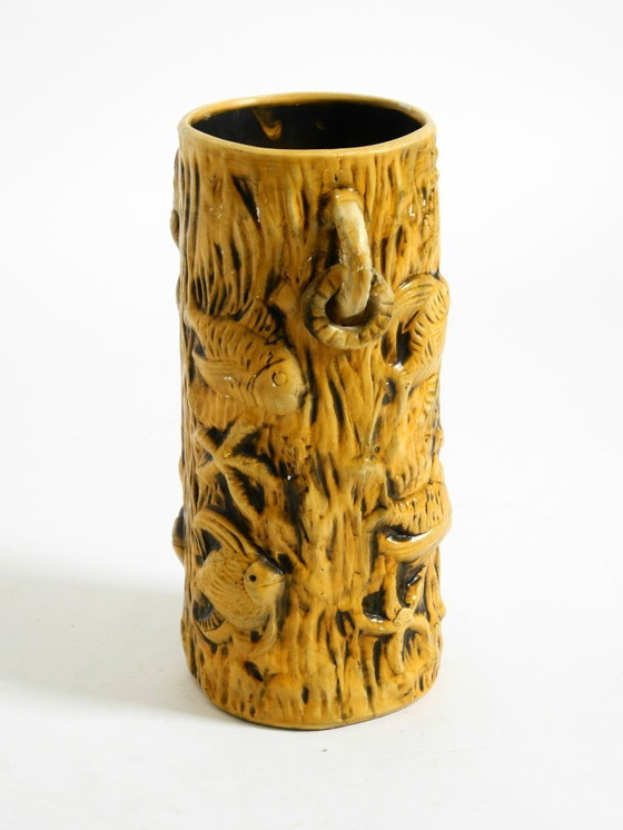 Image 1 of Beautiful large handmade glazed ceramic floor vase, handled vase with maritime fish and starfish motifs | Mid Century Modern