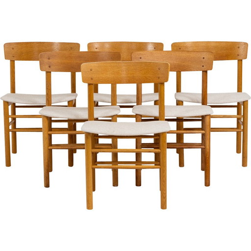Set of 6 vintage dining chairs model 250 in solid oak and beige fabric for Farstrup, Denmark 1956
