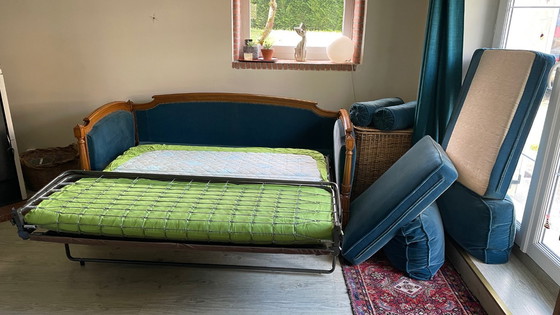 Image 1 of Vintage Jean Roche Wood and Velvet Sofa