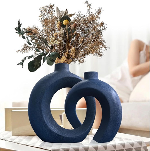 Vase Bleu Céramique Set de 2 - Vase Design pour Pampa et Fleurs Séchées, Vase Fleurs Décoration Maison Moderne, Vases Décoration