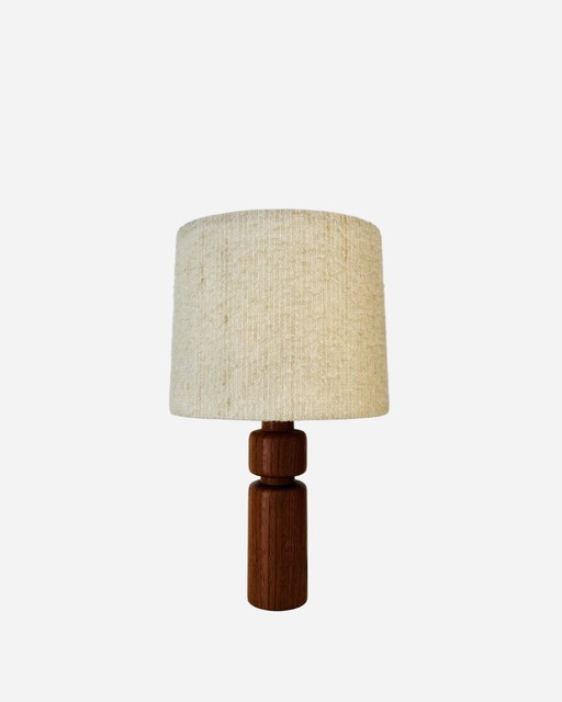 Teakhouten tafellamp met originele stoffen kap - Domus, Denemarken, jaren 1960