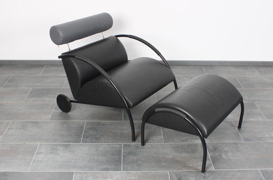 Image 1 of Black Leather Zyklus Lounge Chair + Hocker by Peter Maly for Cor