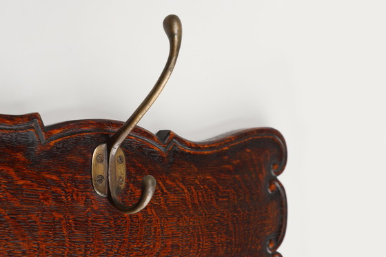 Image 1 of Art Nouveau Style Coat Rack in Oak with Brass Hooks, France ca. 1915