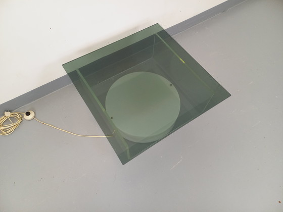 Image 1 of Square illuminated vintage Italian coffee table in glass and Plexiglas in the Space Age style of the '70s