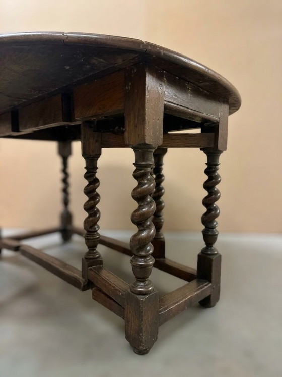 Antique English Oak Gateleg Drop-Leaf Table with Barley Twist Legs, 19th Century, Antiek, Dining tables, Wood (photo 8 of 8)