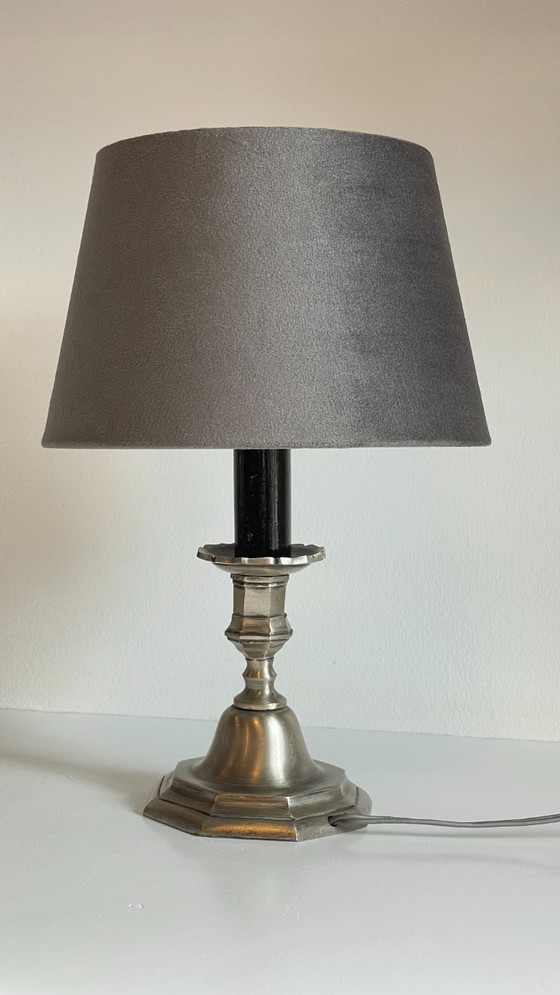Image 1 of Silver and Velvet Metal Candlestick Lamp