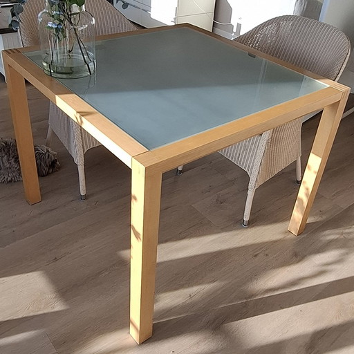 Table wood milk glass